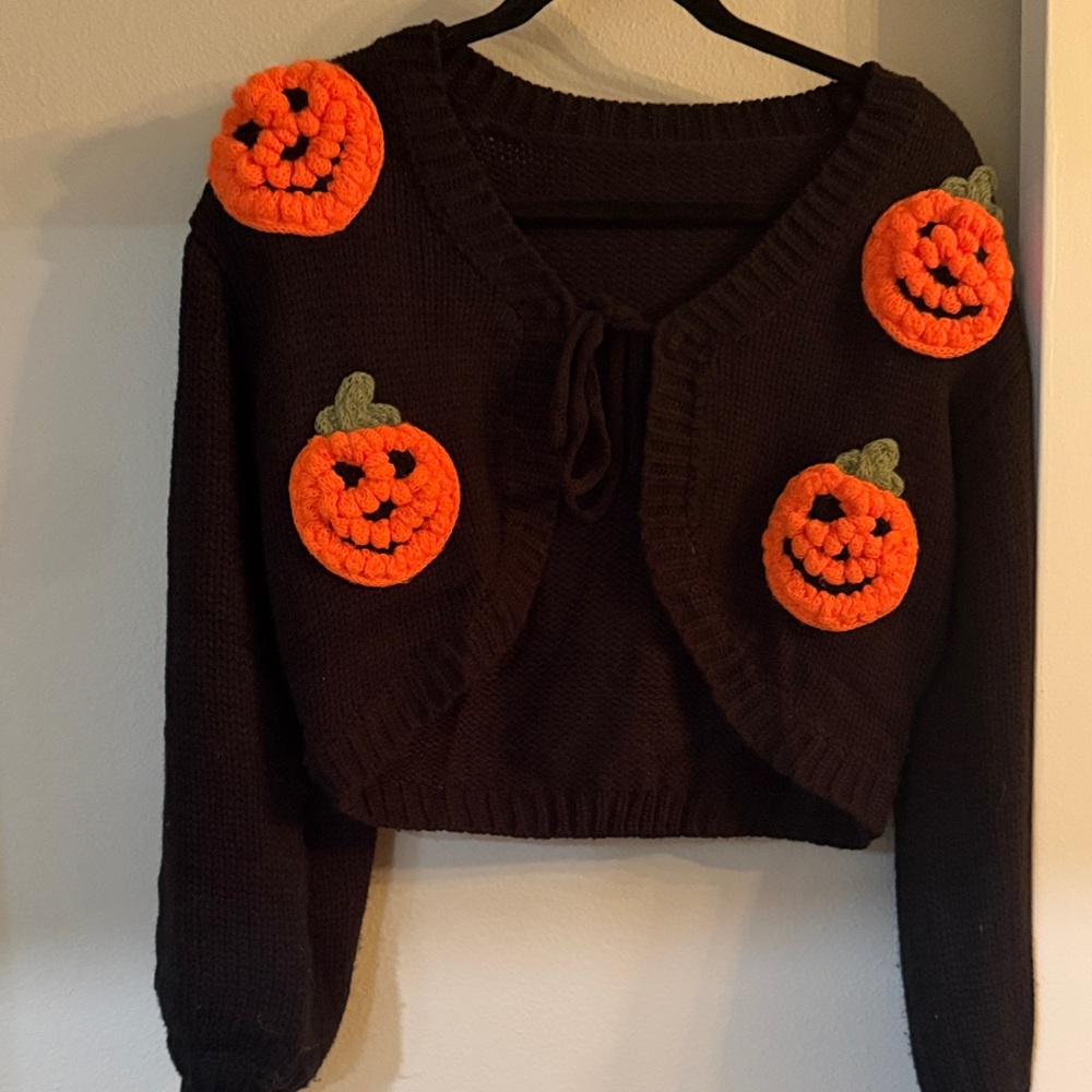 Black Cardigan with Orange Pumpkin Accents